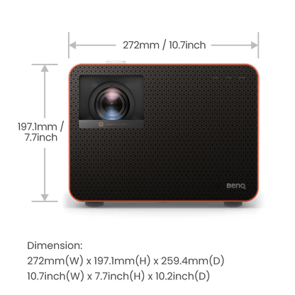 BenQ projector with dimensions displayed on a transparent background