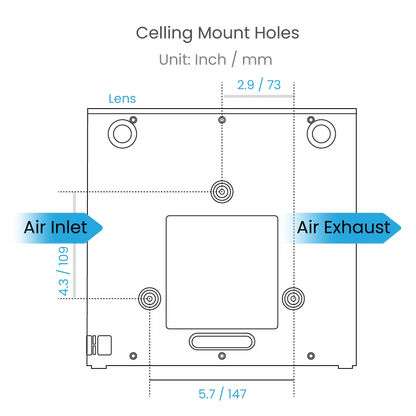 Diagram of a ceiling-mounted HVAC unit with labeled air inlet and exhaust.
