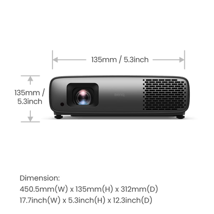 BenQ projector with dimensions and specifications displayed