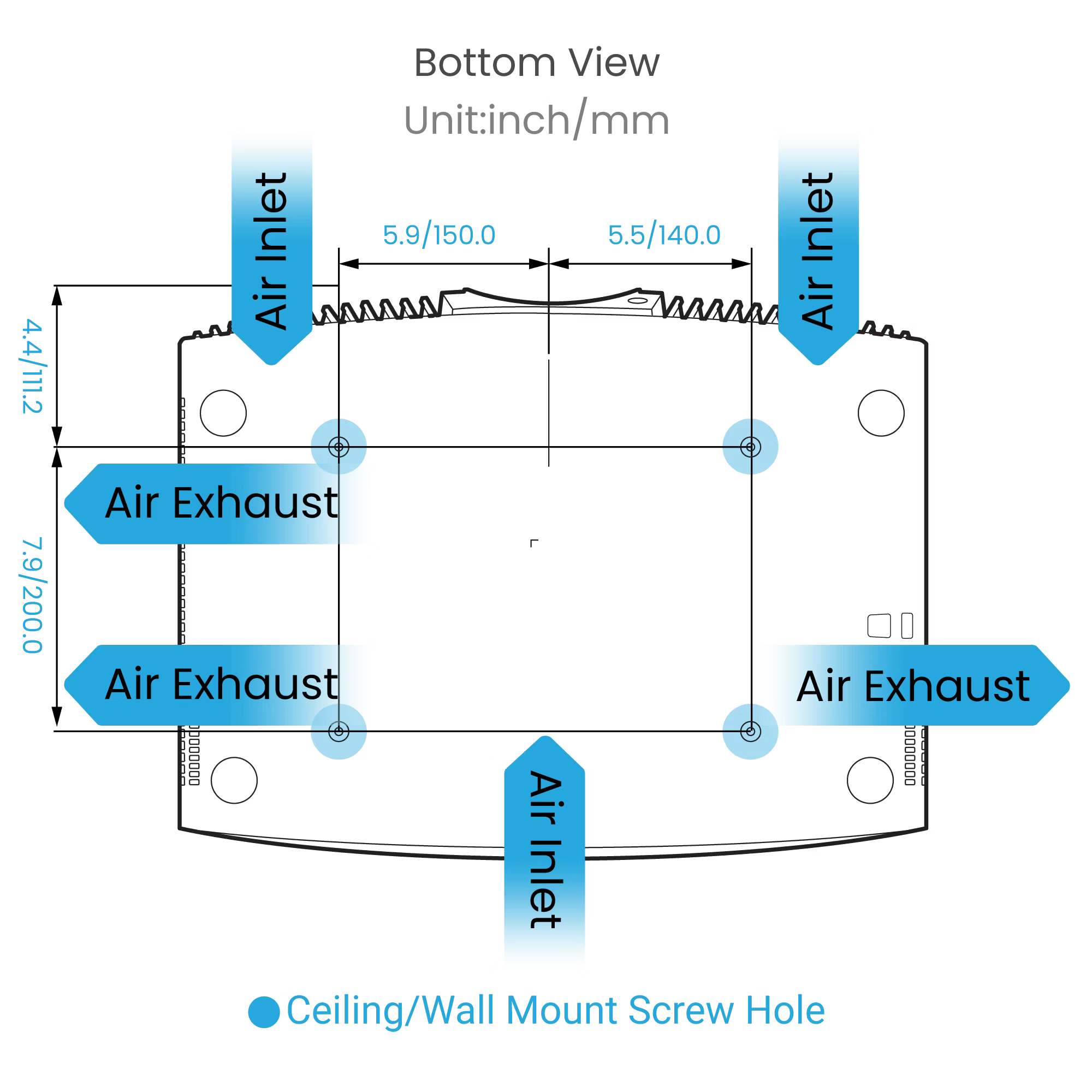 Diagram of a room with labeled air inlet and exhaust points on a white background.