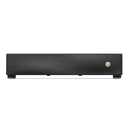 Black electronic device with a circular logo on a white background