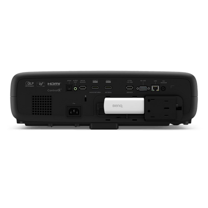 Back view of a BenQ projector with multiple ports on a white background