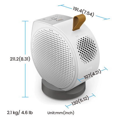 White space heater with measurement details on a white background