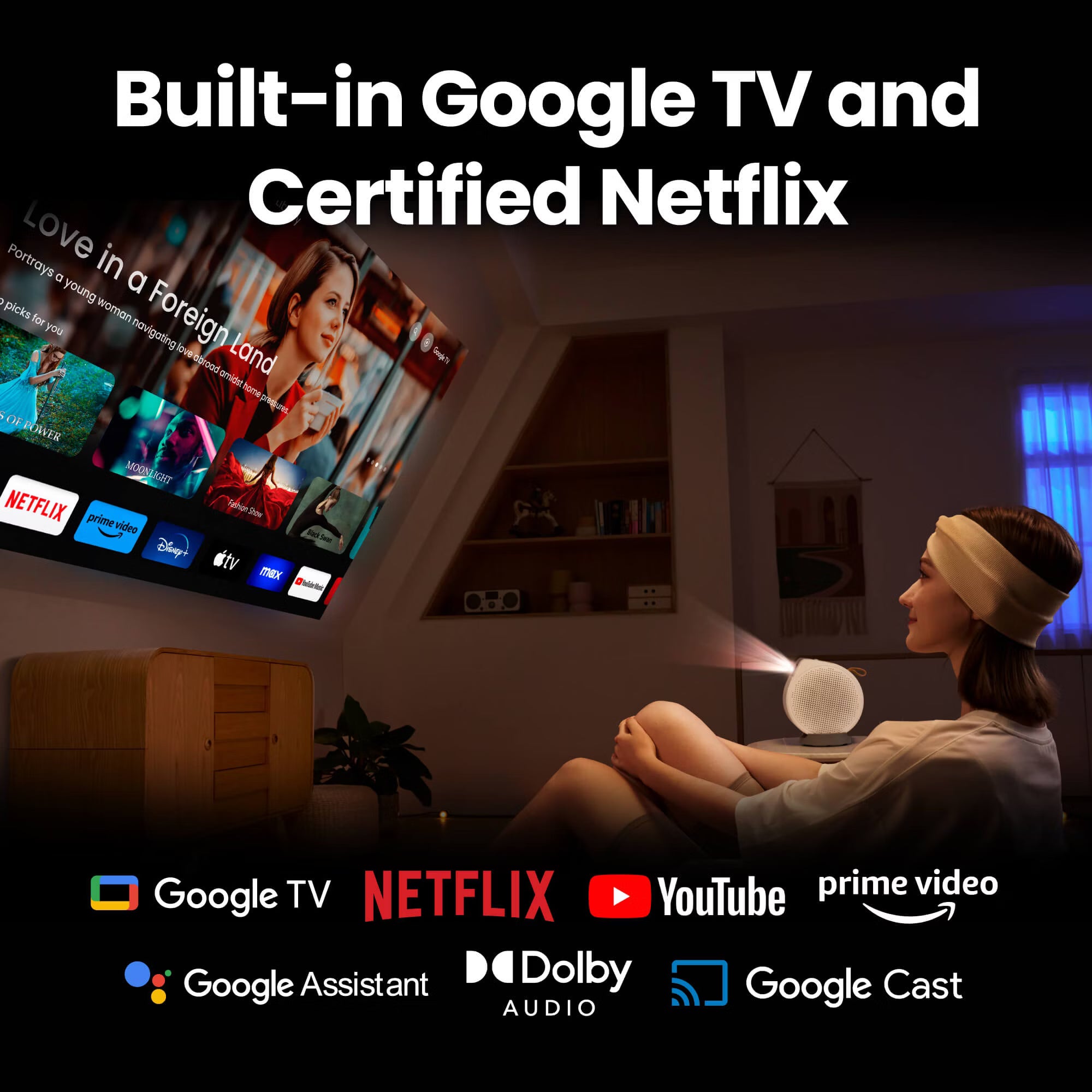 Woman sitting in a living room with a TV displaying streaming services, featuring text about Google TV and Netflix.