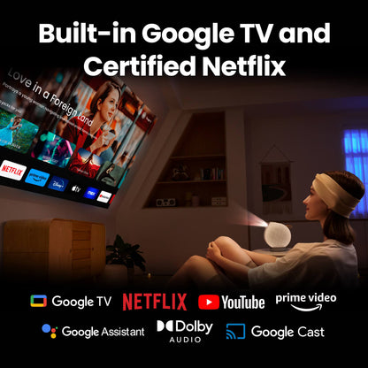 Woman sitting in a living room with a TV displaying streaming services, featuring text about Google TV and Netflix.