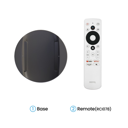 Black circular device and white remote control with BenQ logo on a white background