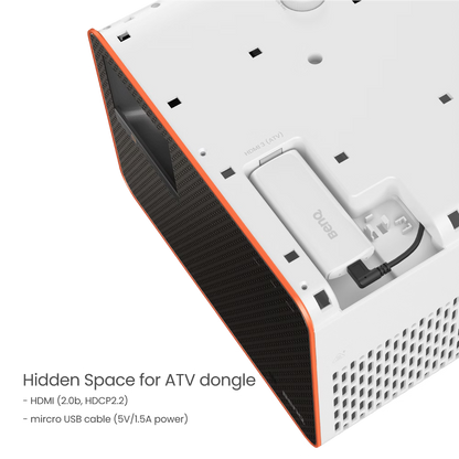 White electronic device with black and orange accents on a white background