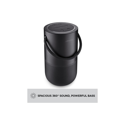 Black portable speaker with text on a white background