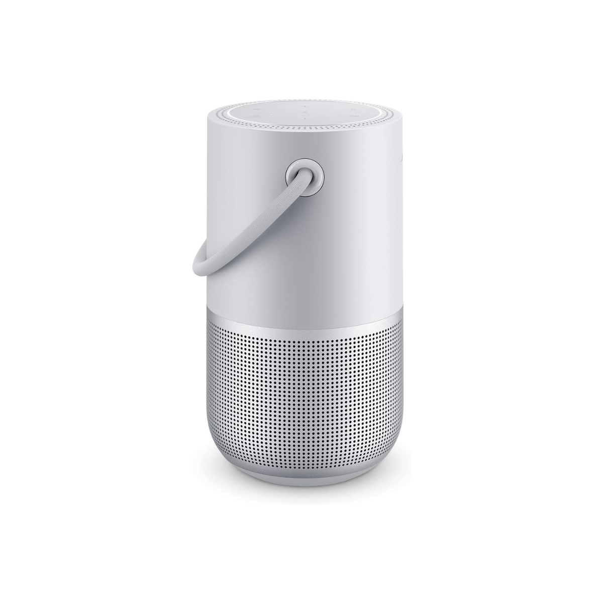 White portable speaker with a handle on a white background