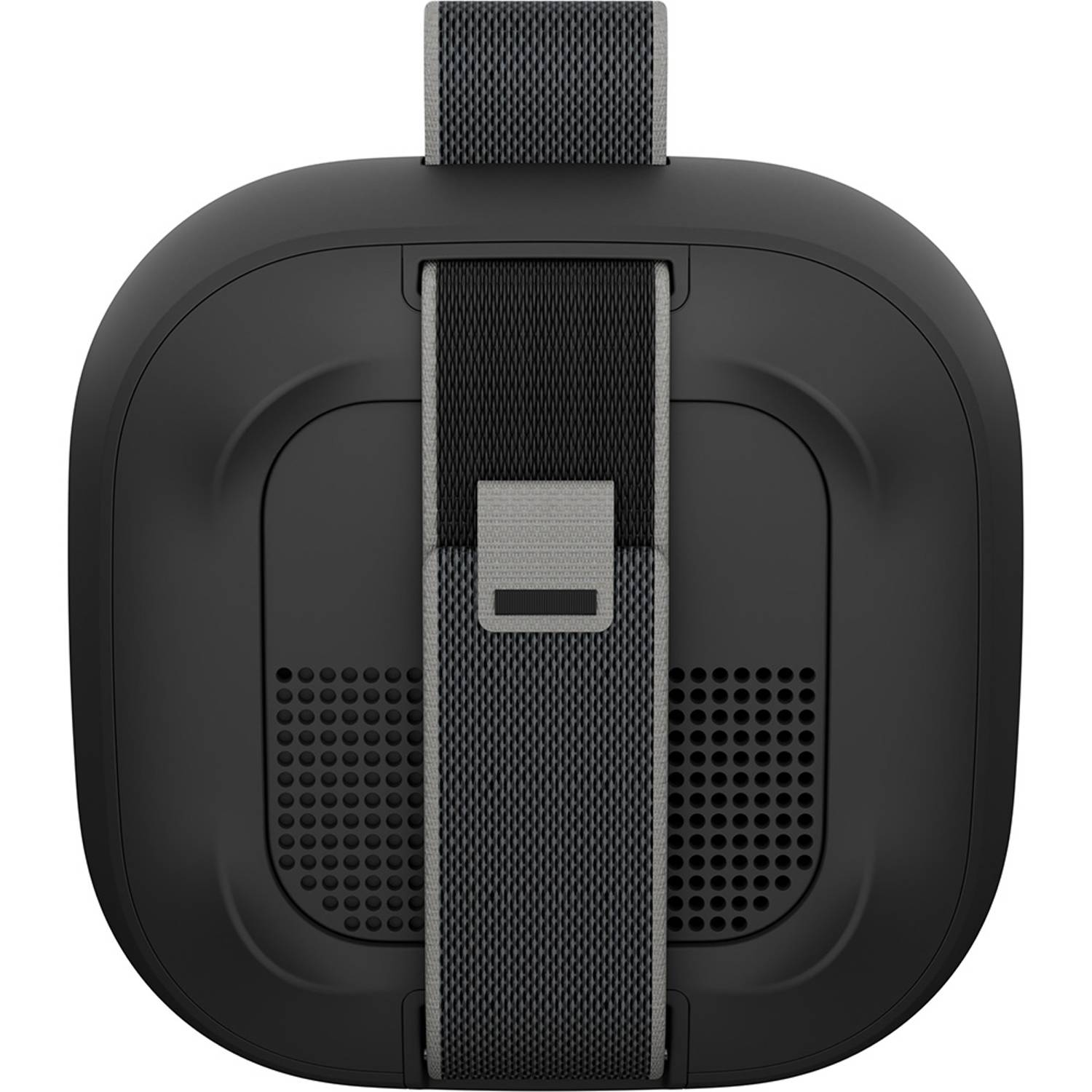 Black portable speaker with mesh strap on a white background