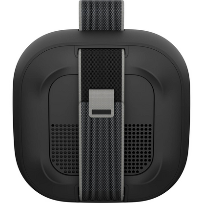 Black portable speaker with mesh strap on a white background