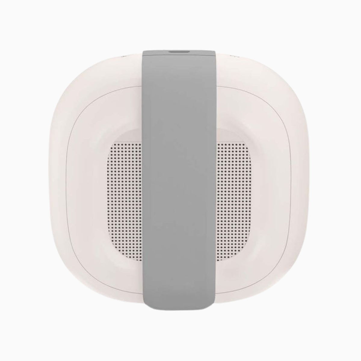 Round white device with a gray strap on a white background