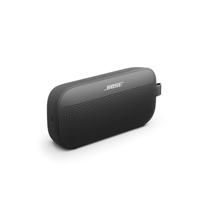 Black Bose portable speaker on a white background