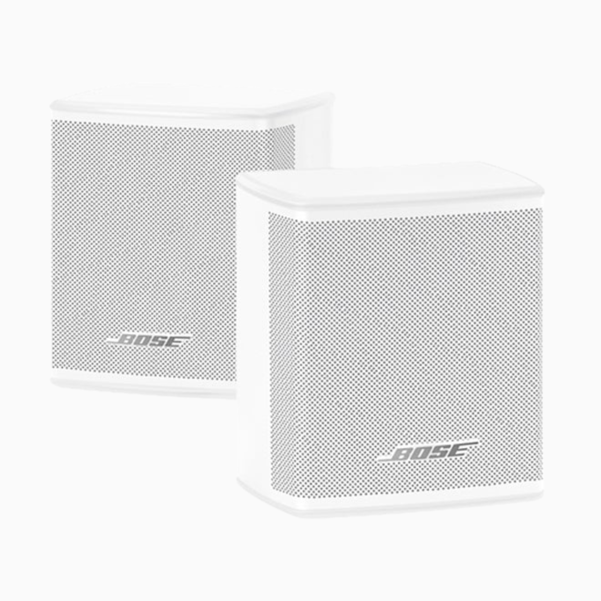Two white Bose speakers on a white background