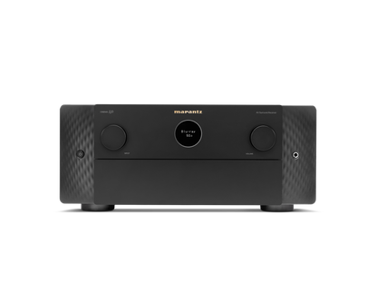 Black audio amplifier with brand logo on a white background