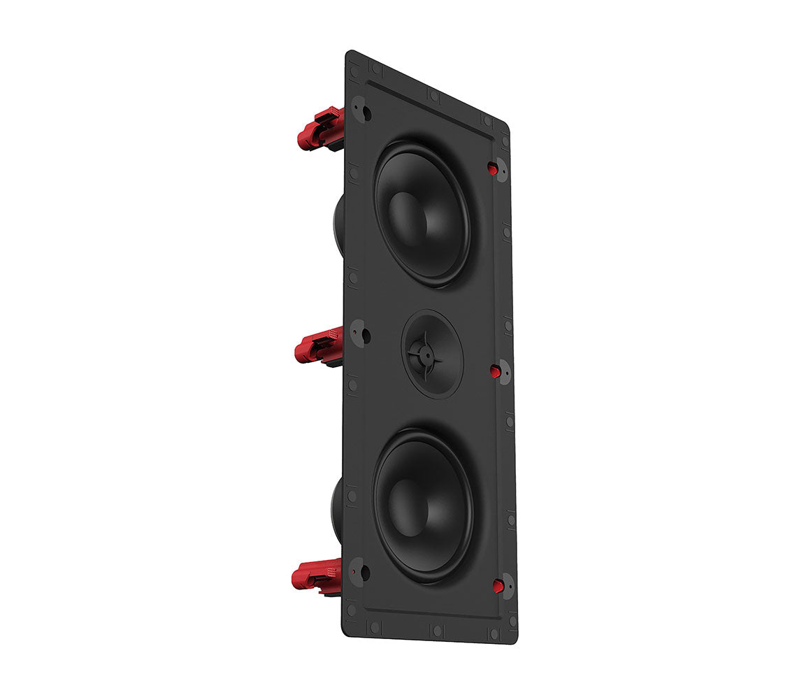 Black speaker with red mounting hardware on a white background