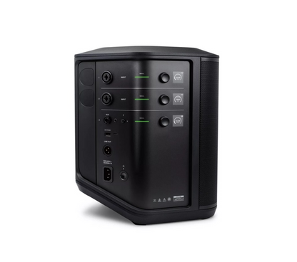 Black audio equipment with control panels on a white background