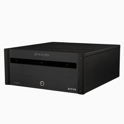 Black audio equipment box with 'Emotiva' branding on a white background