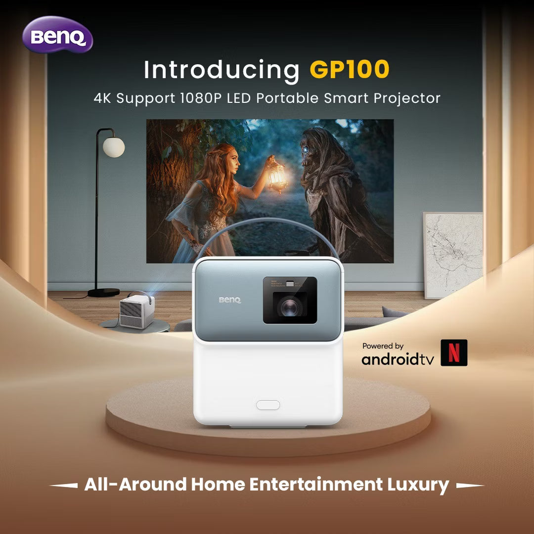 BenQ GP100 projector with a scene projected on a screen in a room.