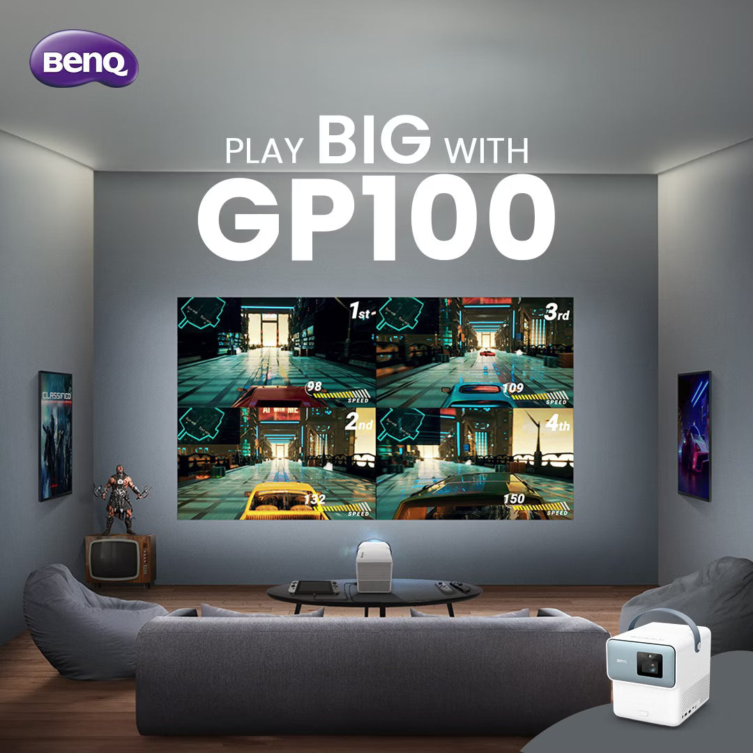 Living room setup with BenQ GP100 projector displaying a video game on a large screen.