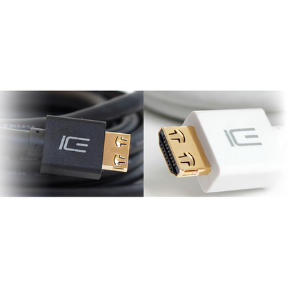Two HDMI connectors, one black and one white, with gold contacts on a white background.