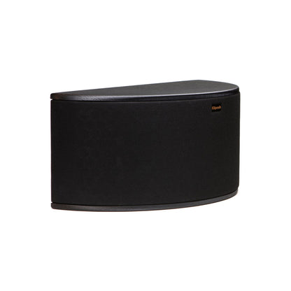 Black cylindrical speaker with brand logo on a white background