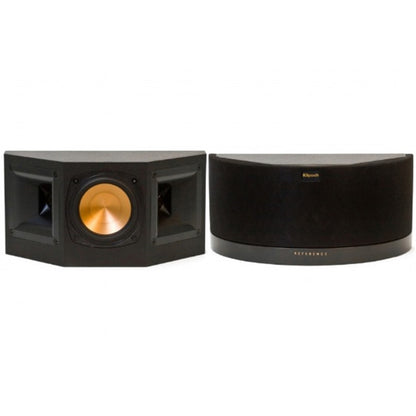 Pair of black speakers with gold center on a white background