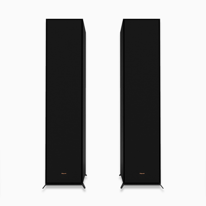 Pair of black floor-standing speakers on a white background