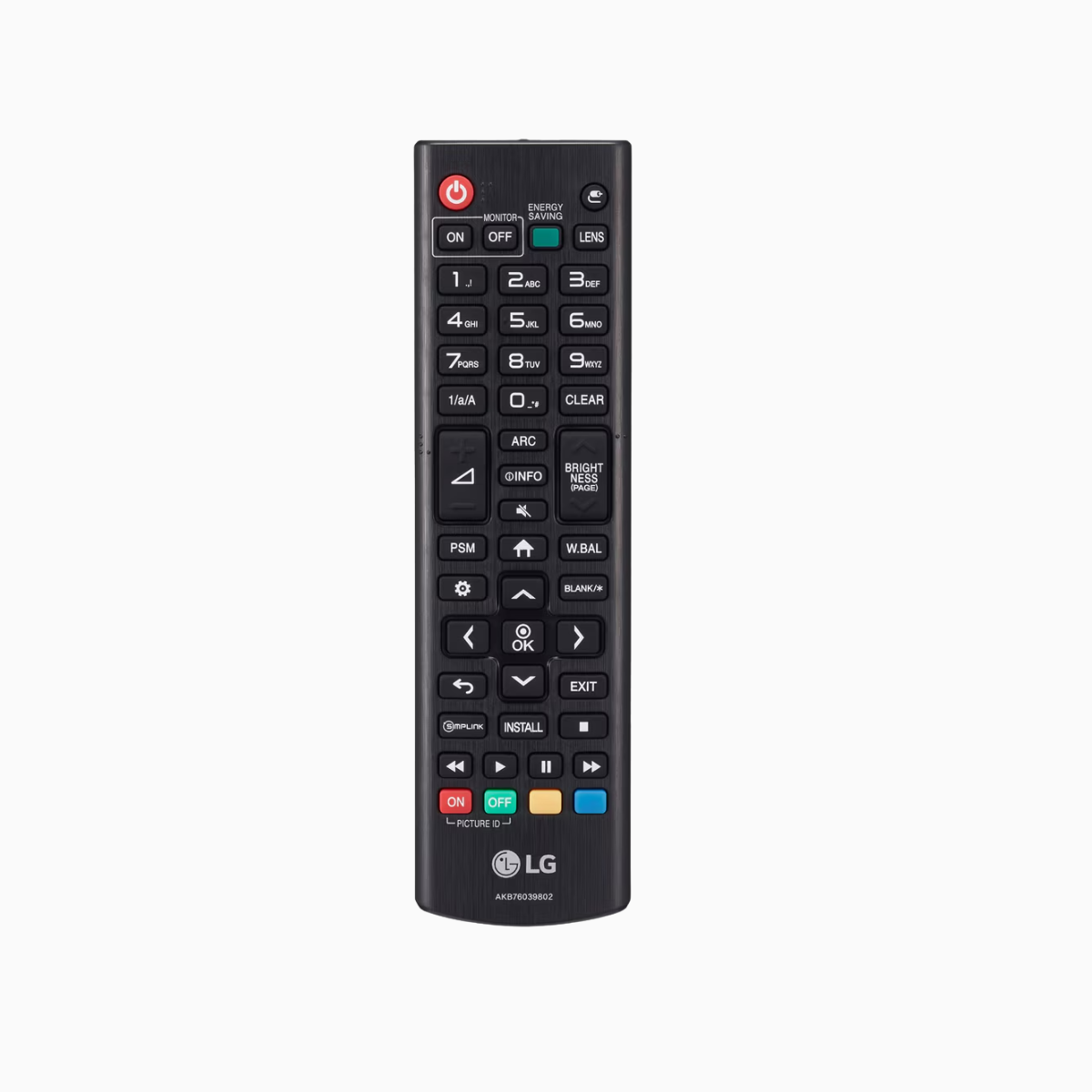 Black LG remote control on a white background