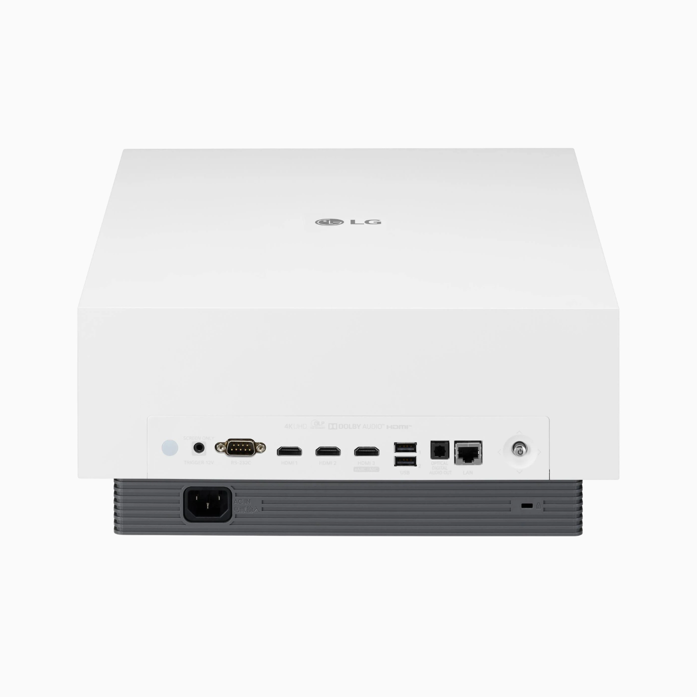 Back view of a LG projector with ports on a white background