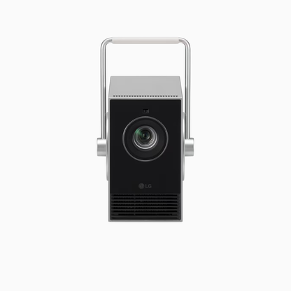 LG projector with a silver frame on a white background
