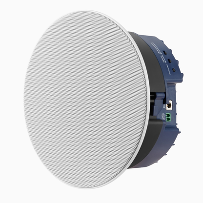 Ceiling speaker with white grille on a white background