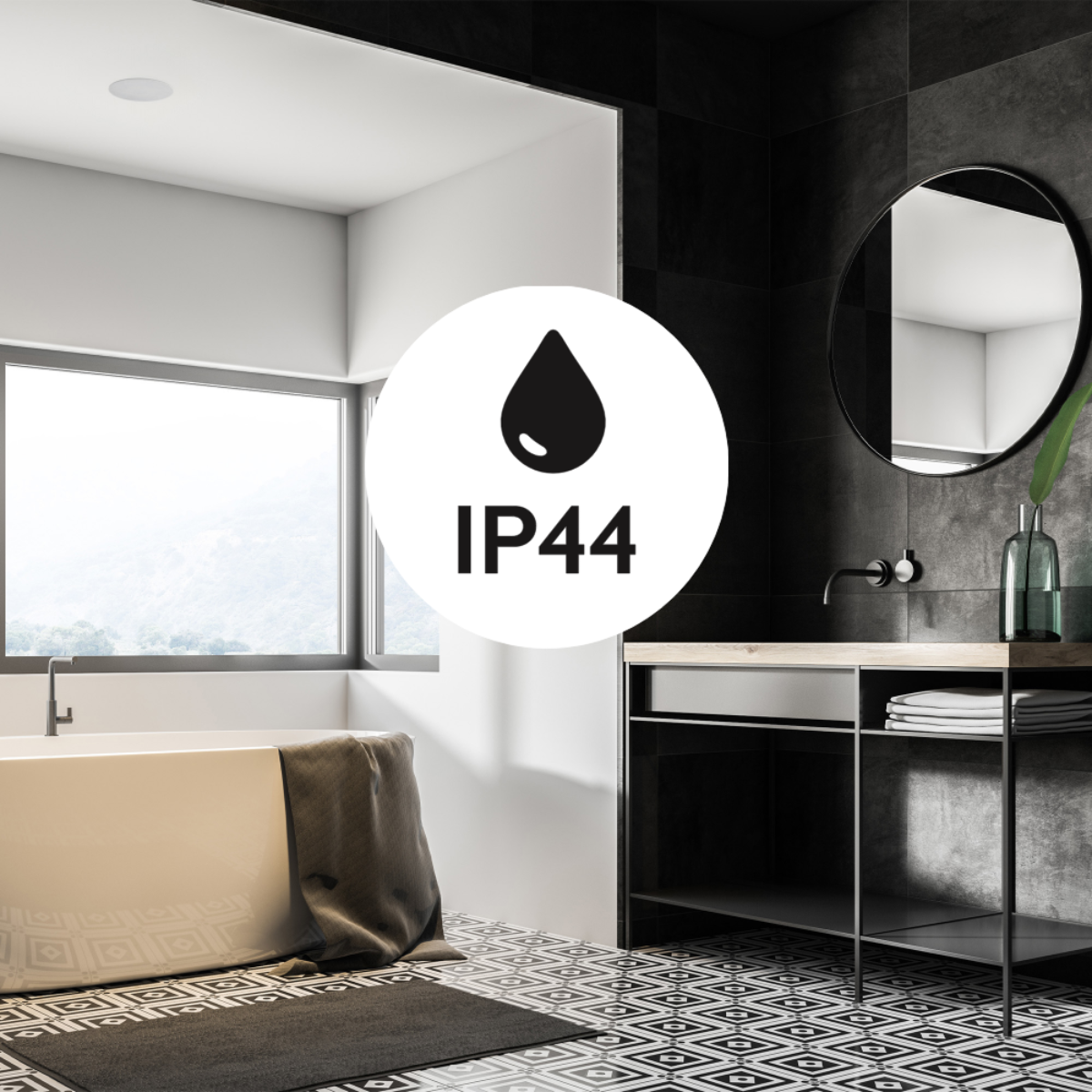 Modern bathroom with IP44 rating symbol