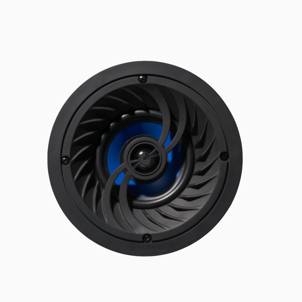 Black speaker with blue center on a white background