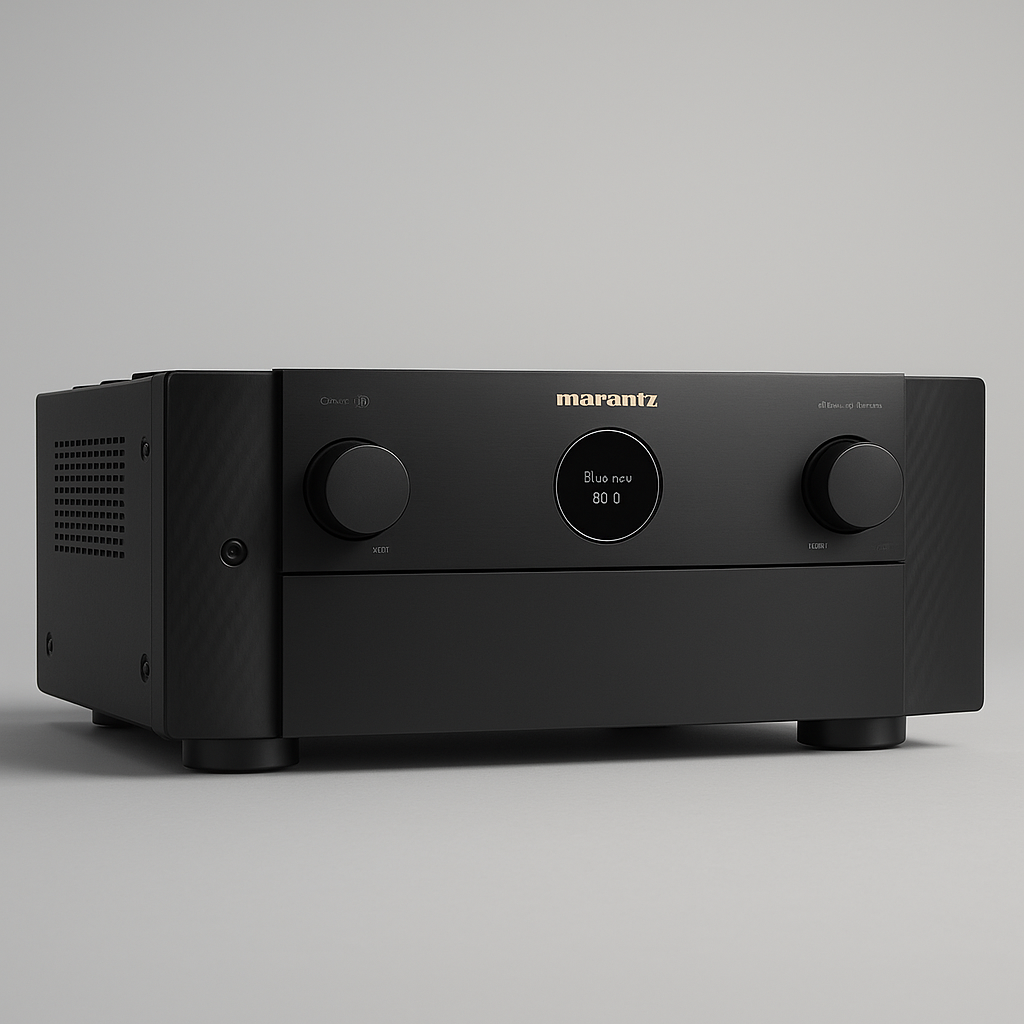 Black Marantz audio amplifier on a gray background