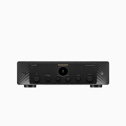Black audio amplifier with Marantz logo on a white background