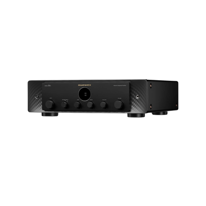 Black audio amplifier on a white background