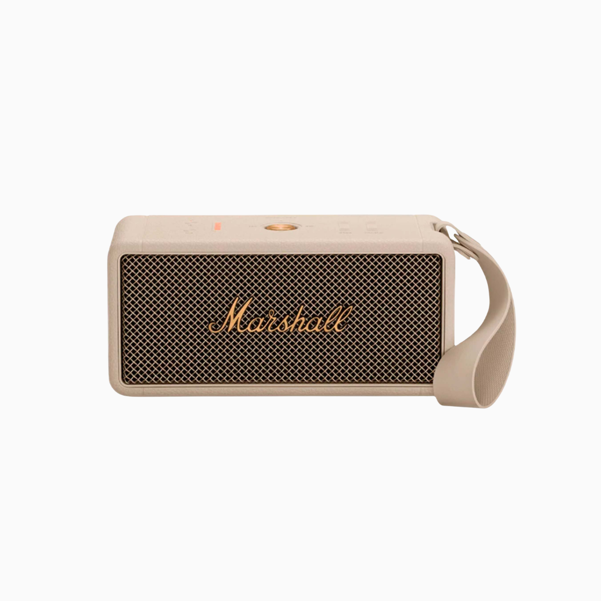 Beige Marshall portable speaker with a strap on a white background