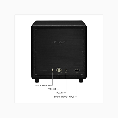 Black Marshall speaker with labeled control buttons on a white background
