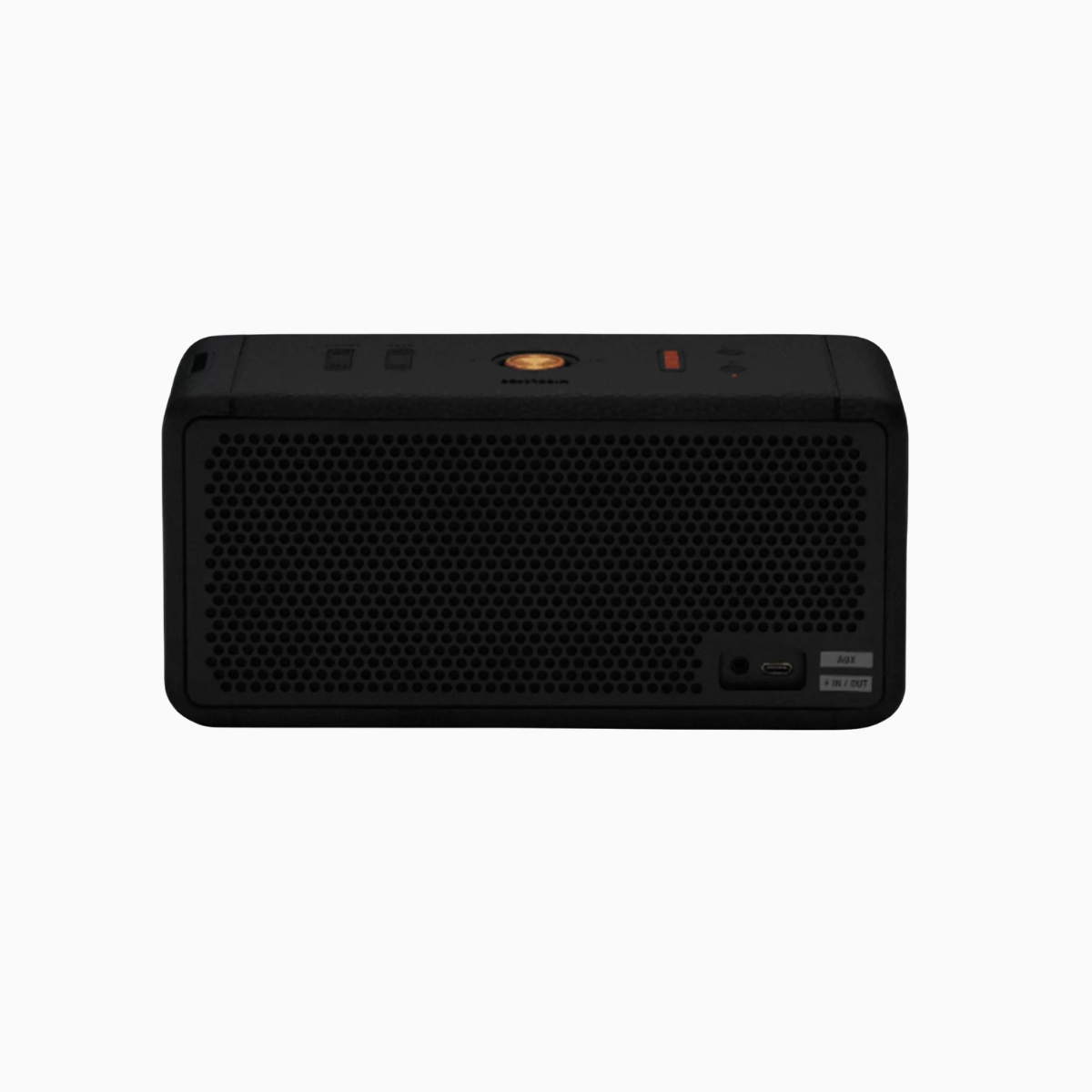Black portable speaker on a white background