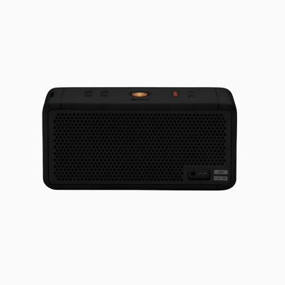 Black portable speaker on a white background