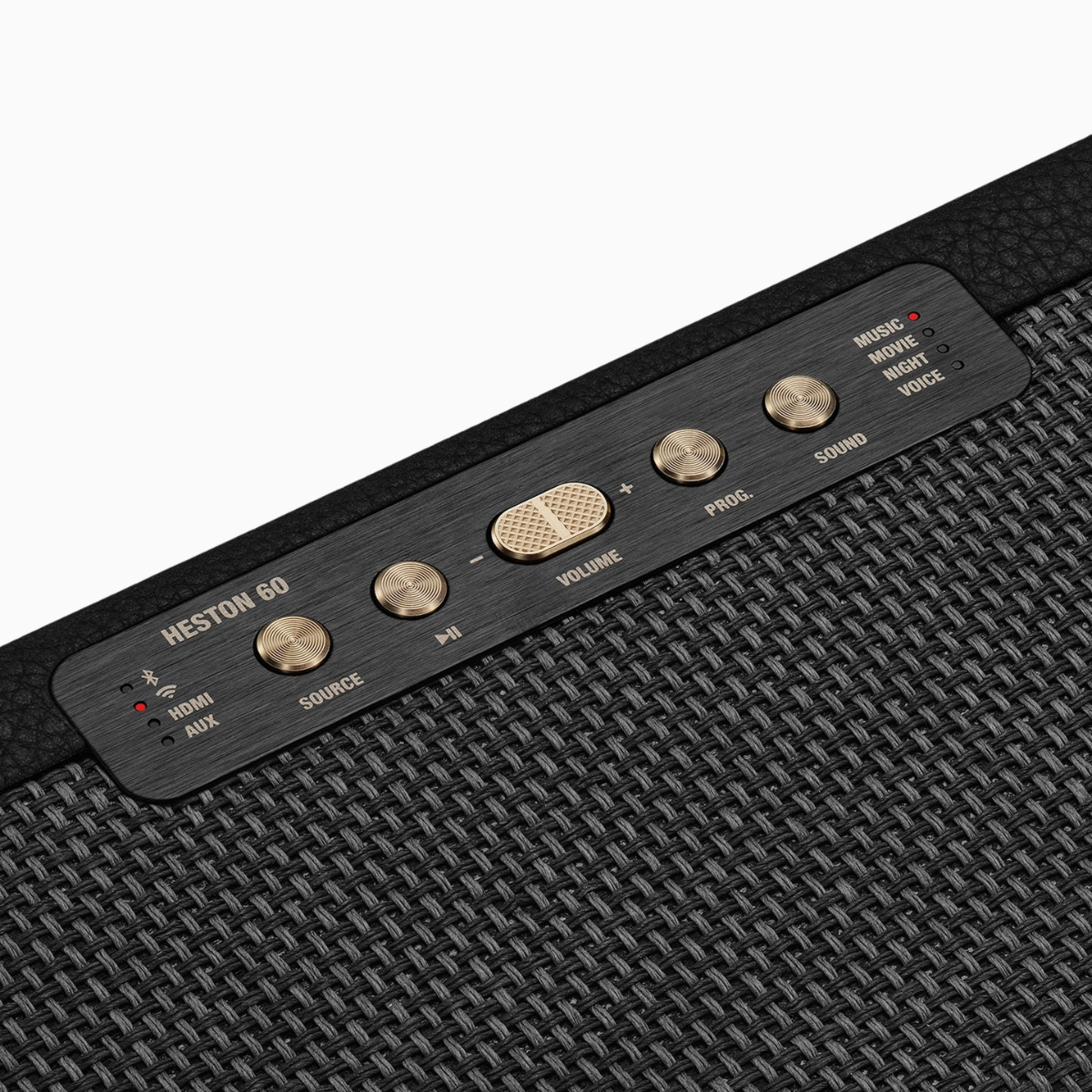 Control panel of a soundbar amplifier with buttons and labels.