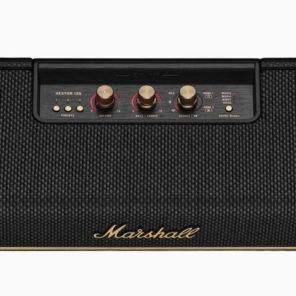 Marshall amplifier head with control knobs on a white background