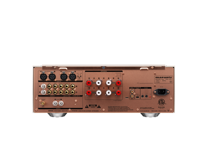 Back panel of an audio equipment unit with various connectors on a white background