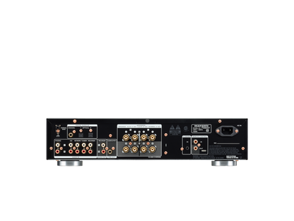 Back view of an audio amplifier with various connectors on a white background