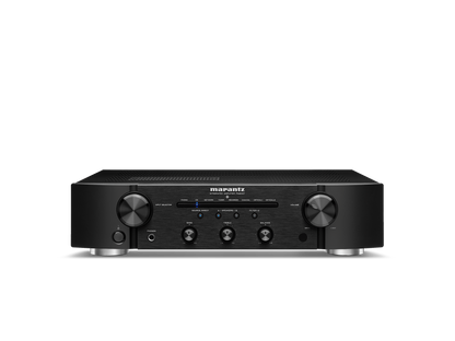 Black audio amplifier with Marantz logo on a white background