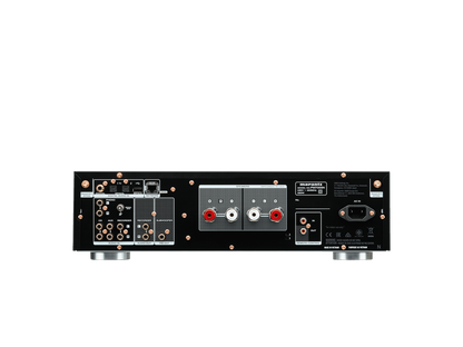 Black audio amplifier with control panel on a white background