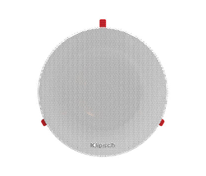 Round speaker grill with red accents on a white background