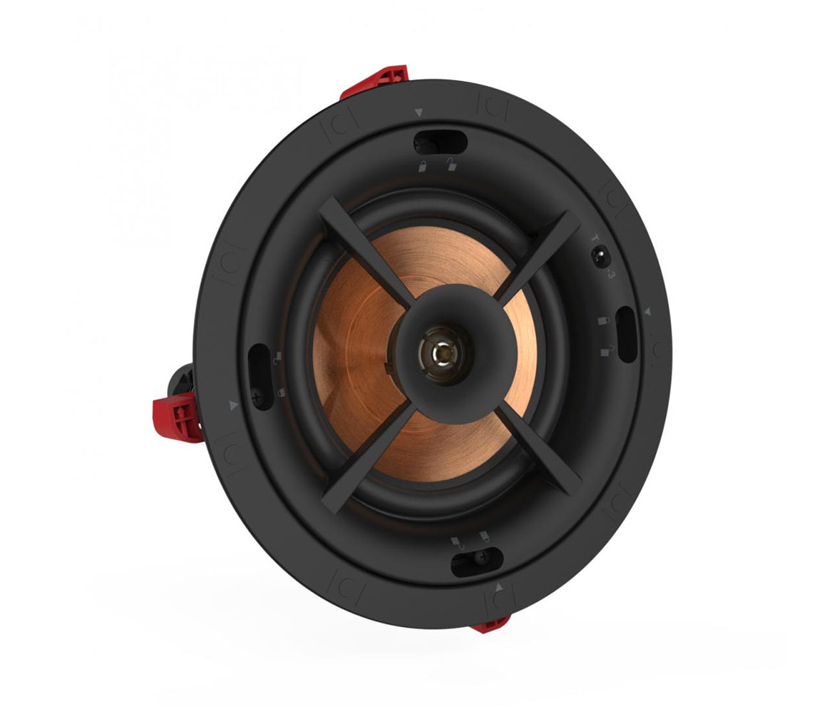 Round speaker with wooden cone on a white background