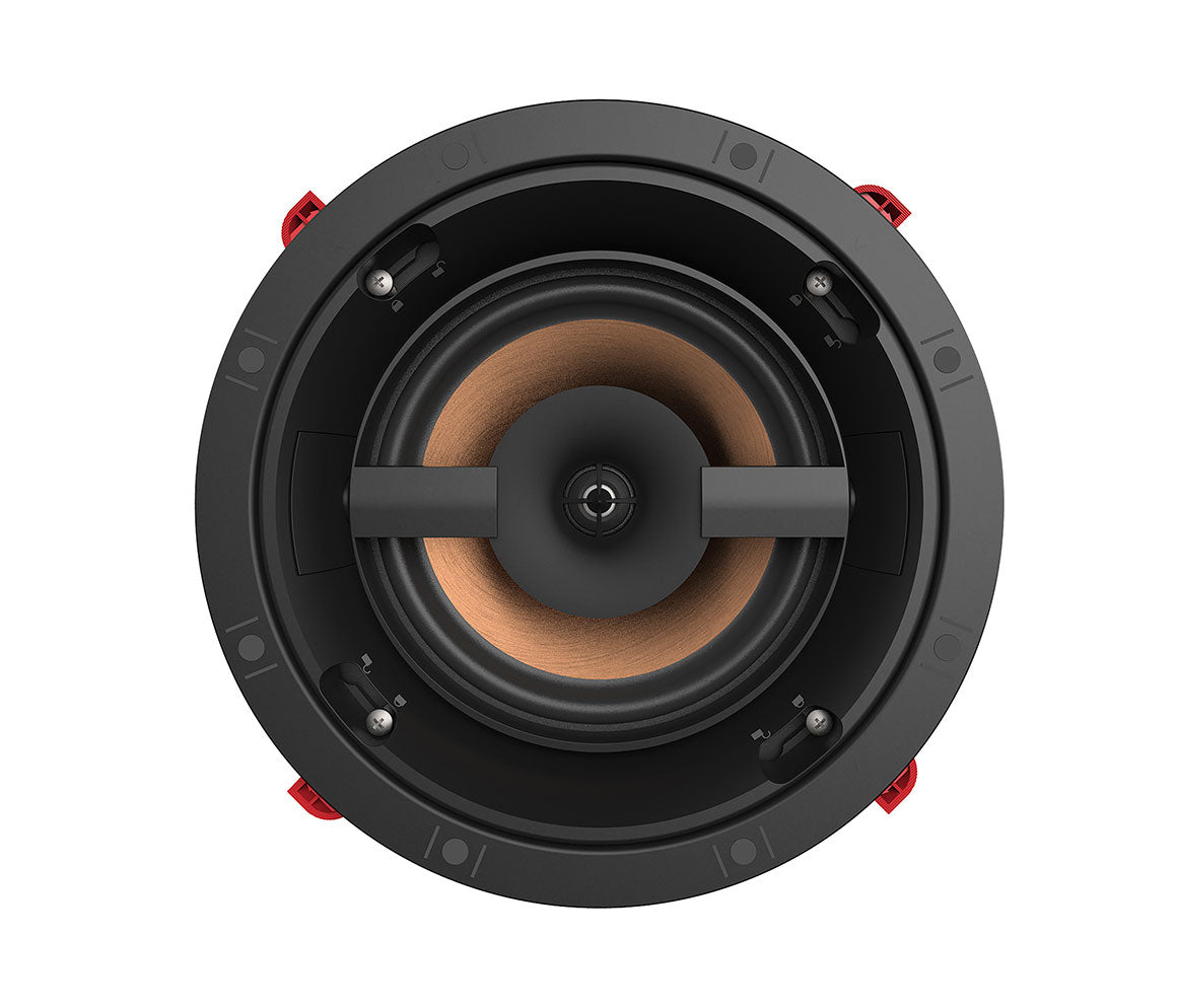 Round speaker with black frame and brown center on a white background